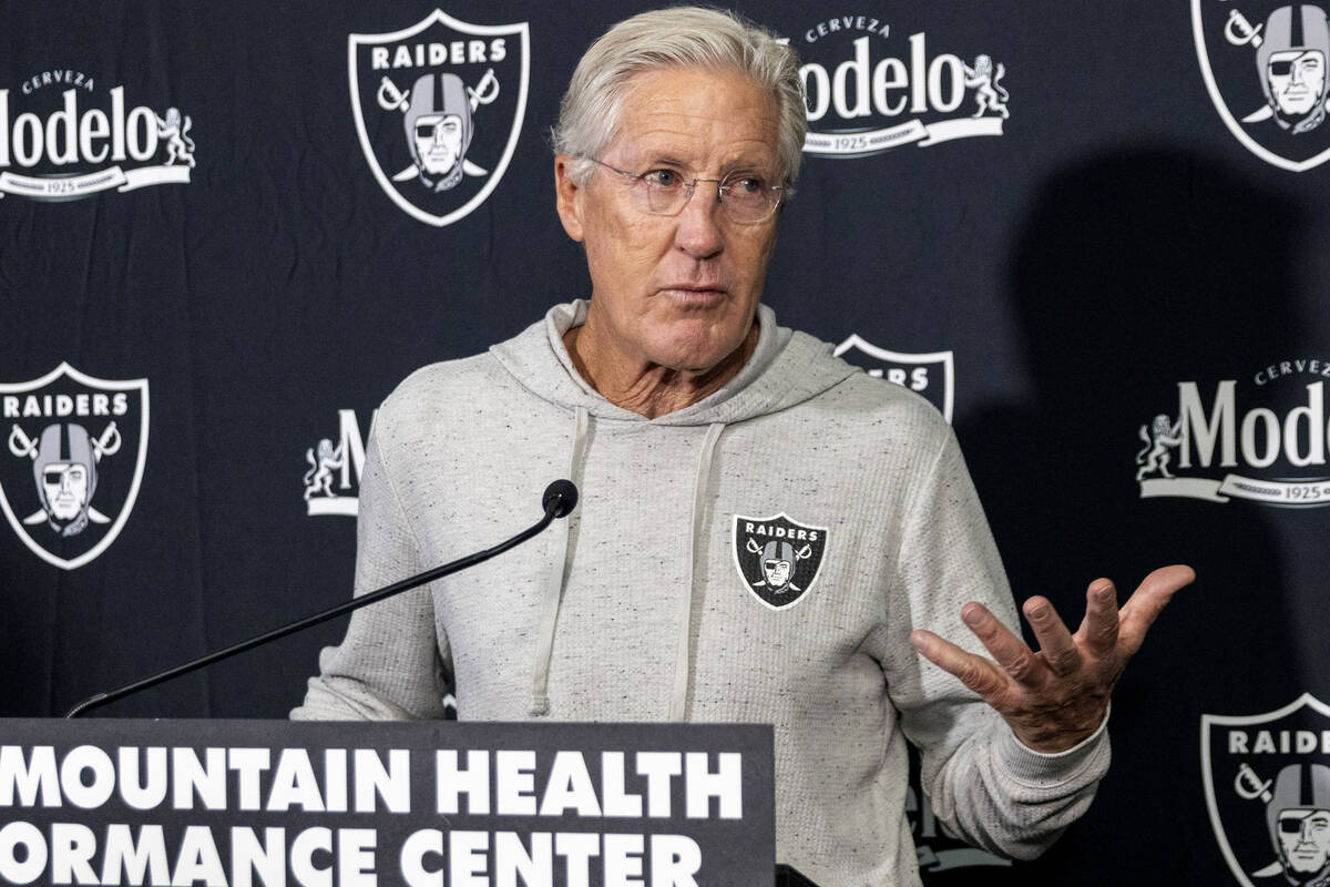 Raiders head coach Pete Carroll answers questions from the media during a news conference at th ...