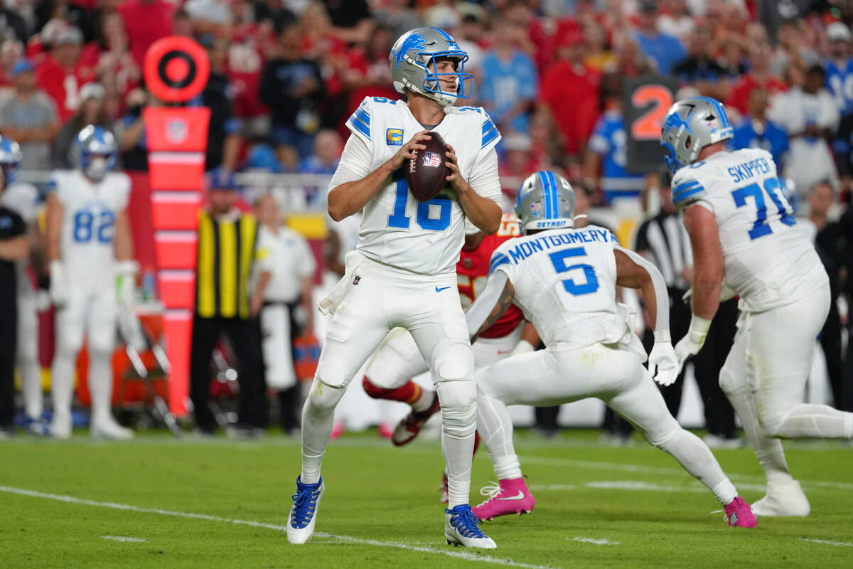 Detroit Lions quarterback Jared Goff (16) looks to pass against the Kansas City Chiefs during a ...