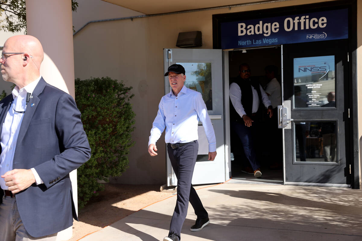 U.S. Secretary of Energy Chris Wright arrives for a press conference at Nevada National Securit ...