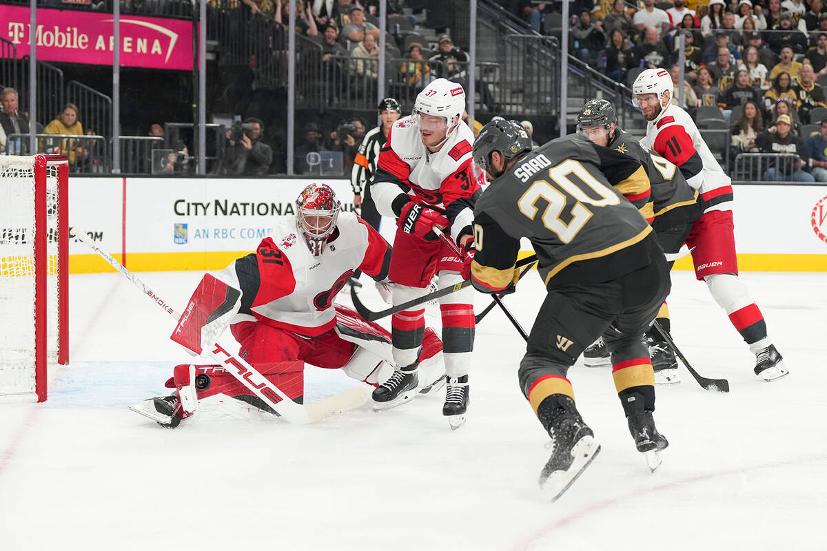 Carolina Hurricanes goaltender Frederik Anderson (31) stops a shot by Vegas Golden Knights left ...