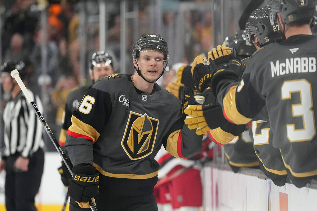 Vegas Golden Knights right wing Pavel Dorofeyev, center, celebrates after his goal against the ...