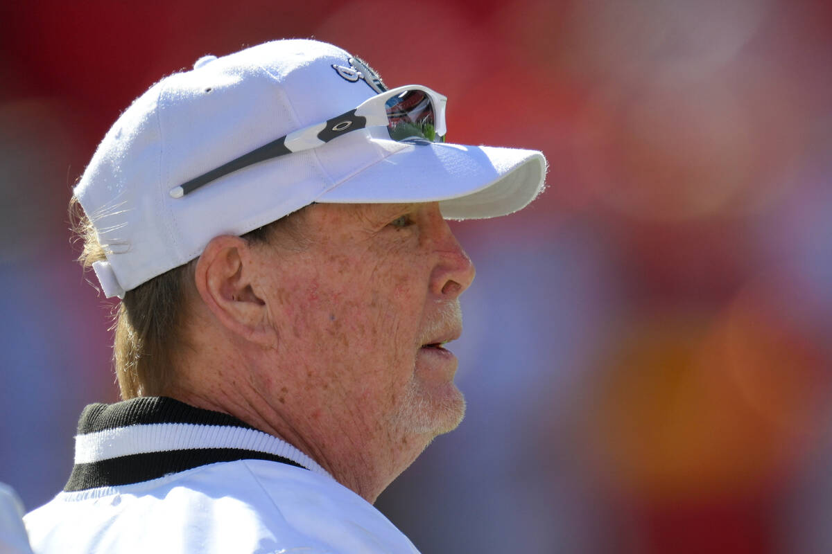 Las Vegas Raiders ownder Mark Davis watches from the sidelines during warmups before an NFL foo ...