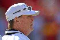 Las Vegas Raiders ownder Mark Davis watches from the sidelines during warmups before an NFL foo ...