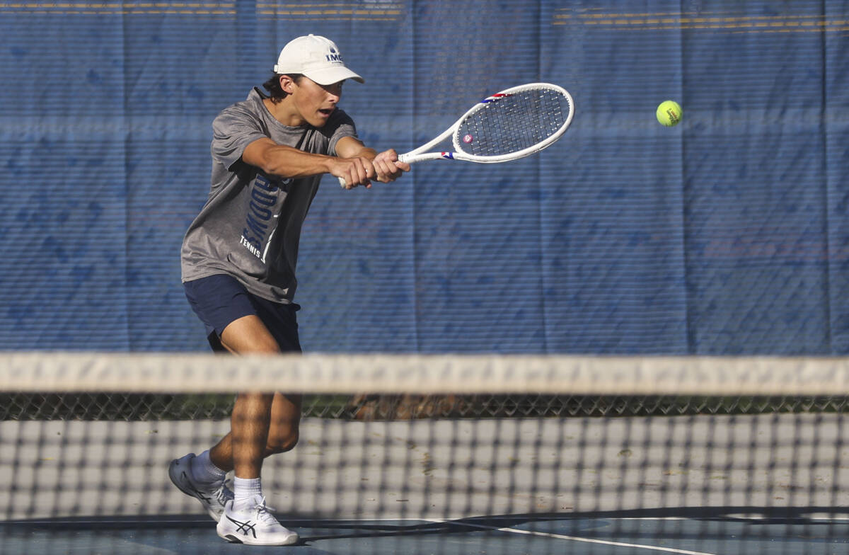 The Meadows’ Jacob Garber plays against Liberty during the 4A tennis team Southern Regio ...