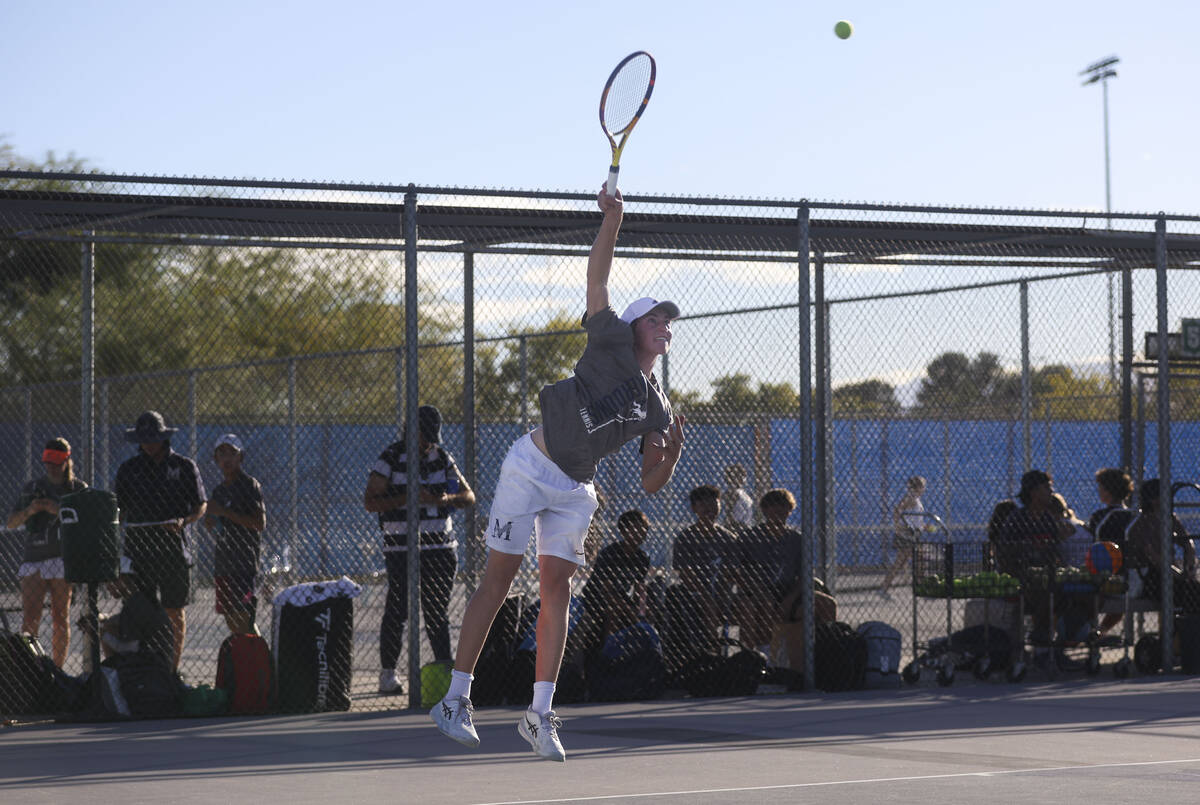 The Meadows’ Alec Kosyagin plays against Liberty during the 4A tennis team Southern Regi ...