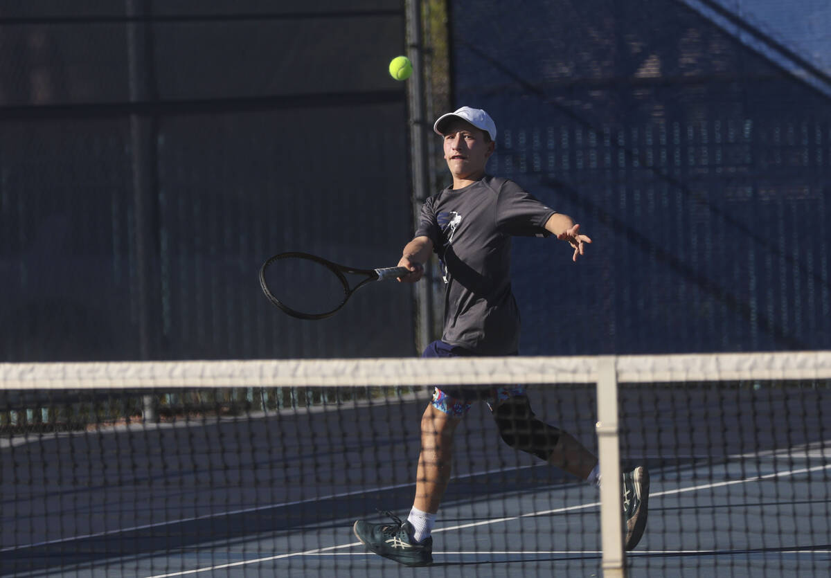 The Meadows’ Levi Schaner plays against Liberty during the 4A tennis team Southern Regio ...