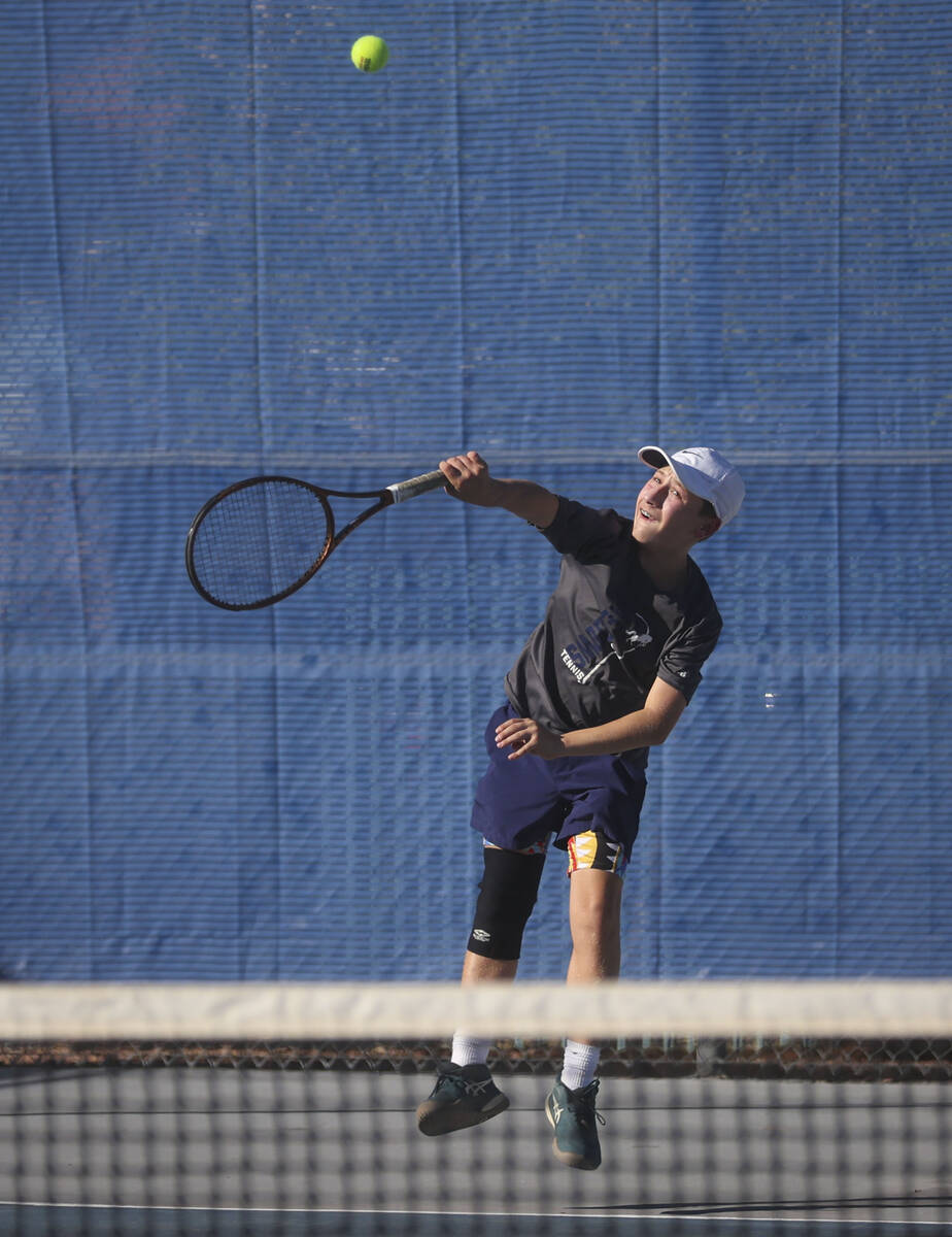 The Meadows’ Levi Schaner plays against Liberty during the 4A tennis team Southern Regio ...