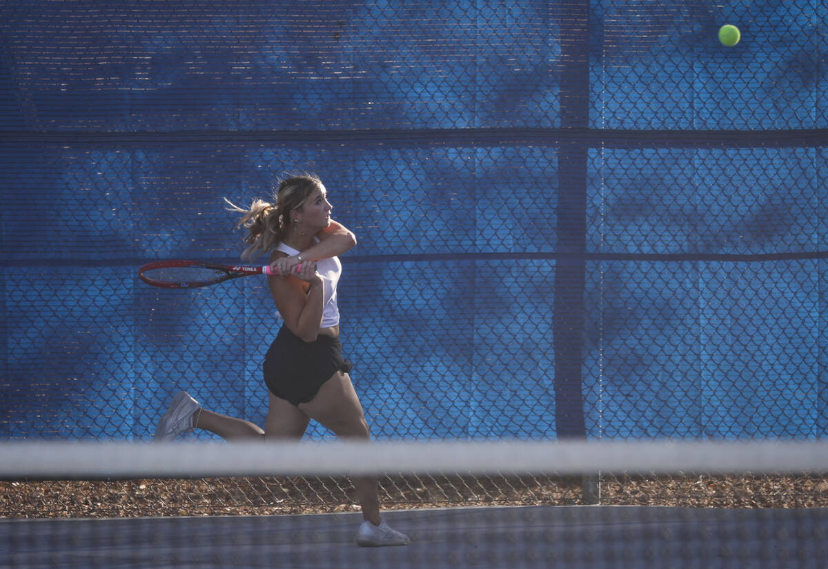 Liberty’s Sophia Medellin plays against The Meadows during the 4A tennis team Southern R ...