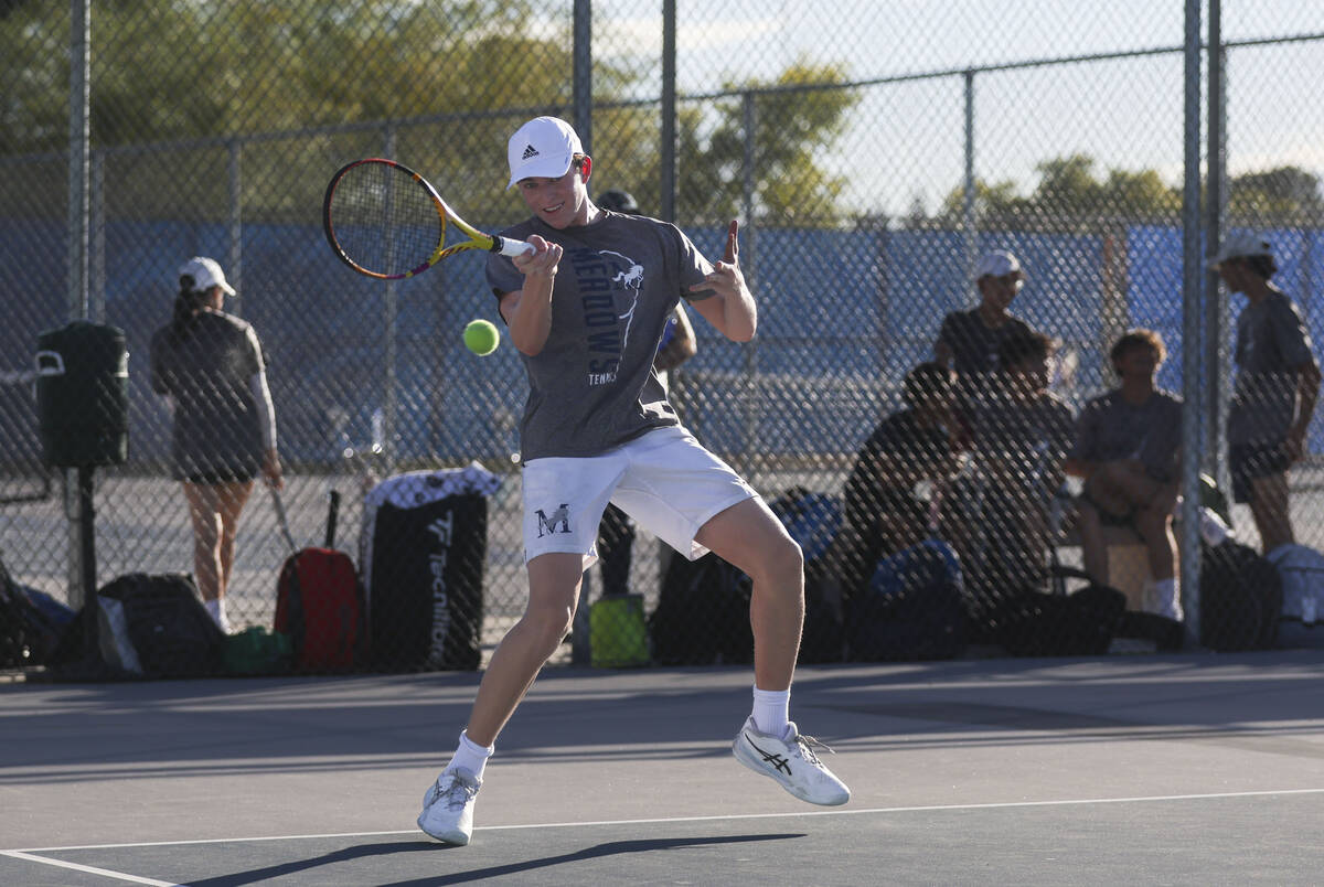The Meadows’ Alec Kosyagin plays against Liberty during the 4A tennis team Southern Regi ...