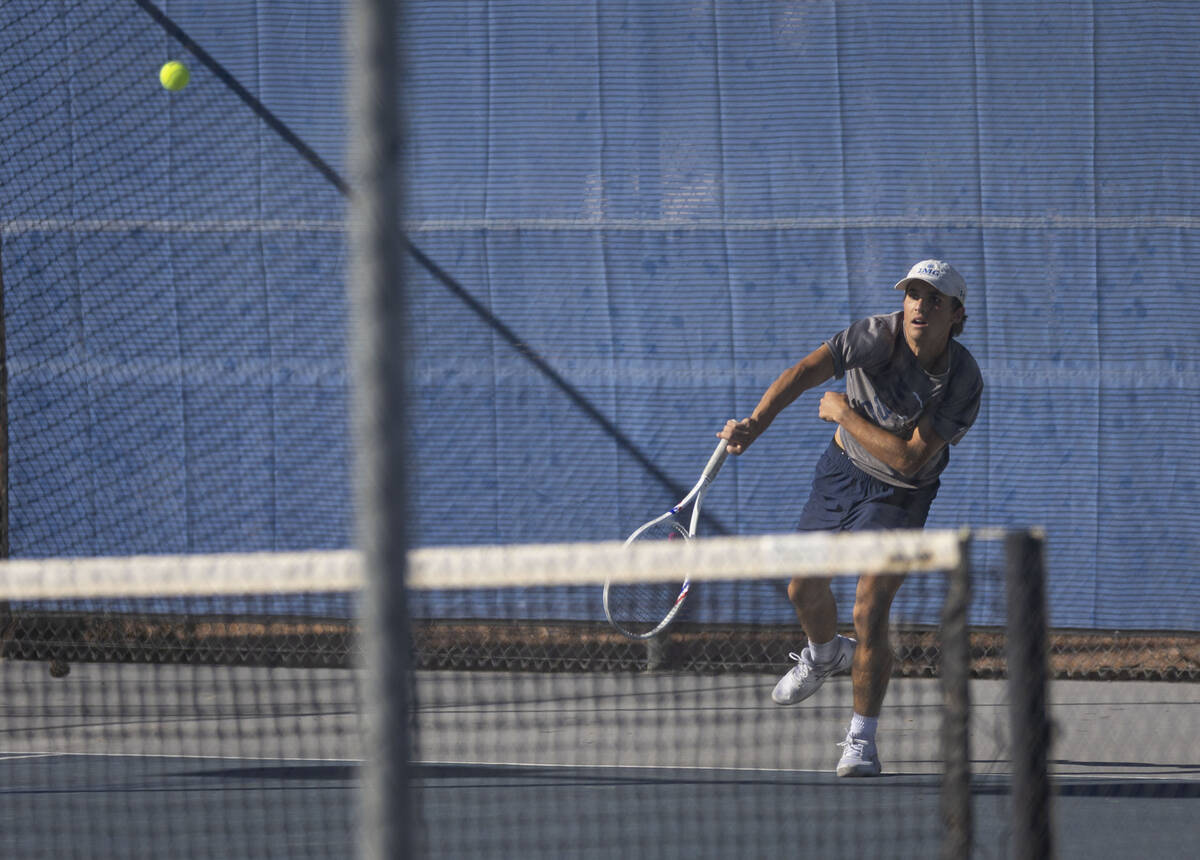 The Meadows’ Jacob Garber plays against Liberty during the 4A tennis team Southern Regio ...