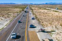 A plane piloted by Tzuriel Urbano rests on the shoulder of I-15 north of Las Vegas after an eme ...