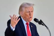 President Donald Trump speaks as he hosts a lunch with Republican Senators on the Rose Garden p ...