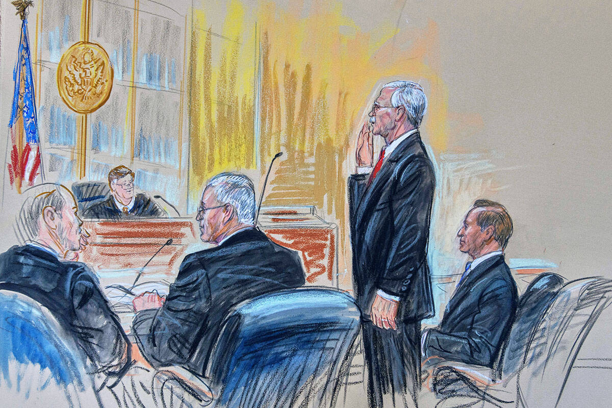 This courtroom sketch depicts former Trump administration national security adviser John Bolton ...
