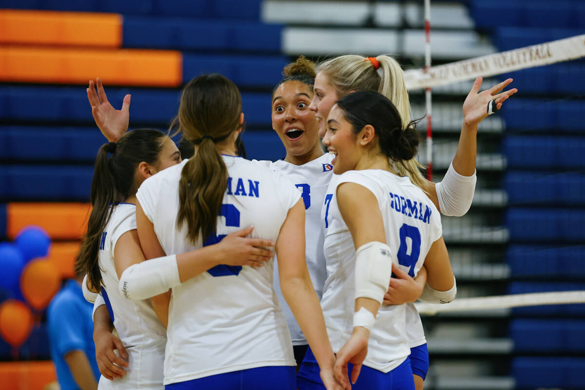 Bishop Gorman players celebrate a point made against Foothill during a volleyball game on Wedne ...