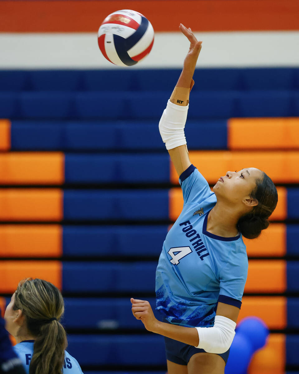 Foothill’s Aniyah Sturm (4) hits during a volleyball game on Wednesday, Oct. 22, 2025 at ...