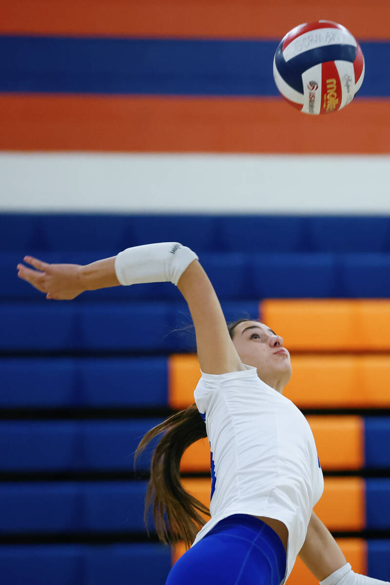 Bishop Gorman outside hitter Boyana Pesic (3) hits against Foothill during a volleyball game on ...