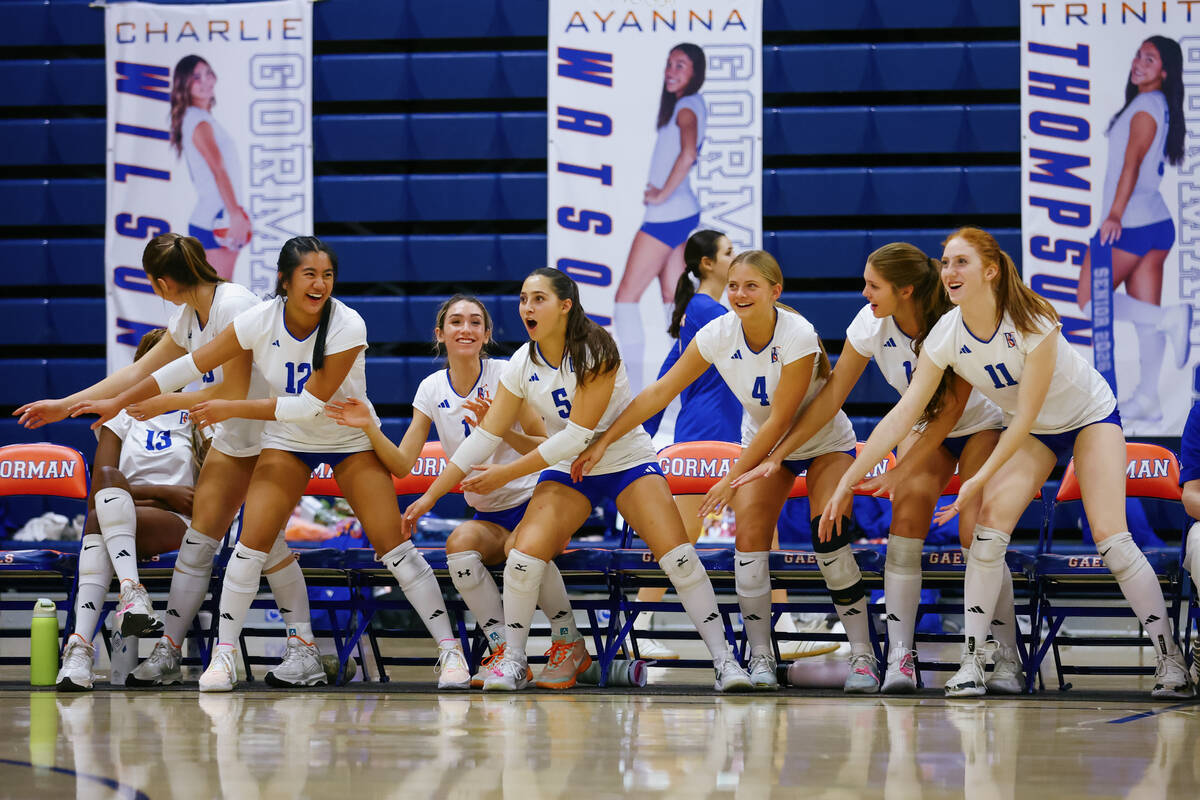 The Bishop Gorman bench celebrates a point for the Gaels during a volleyball game against Footh ...