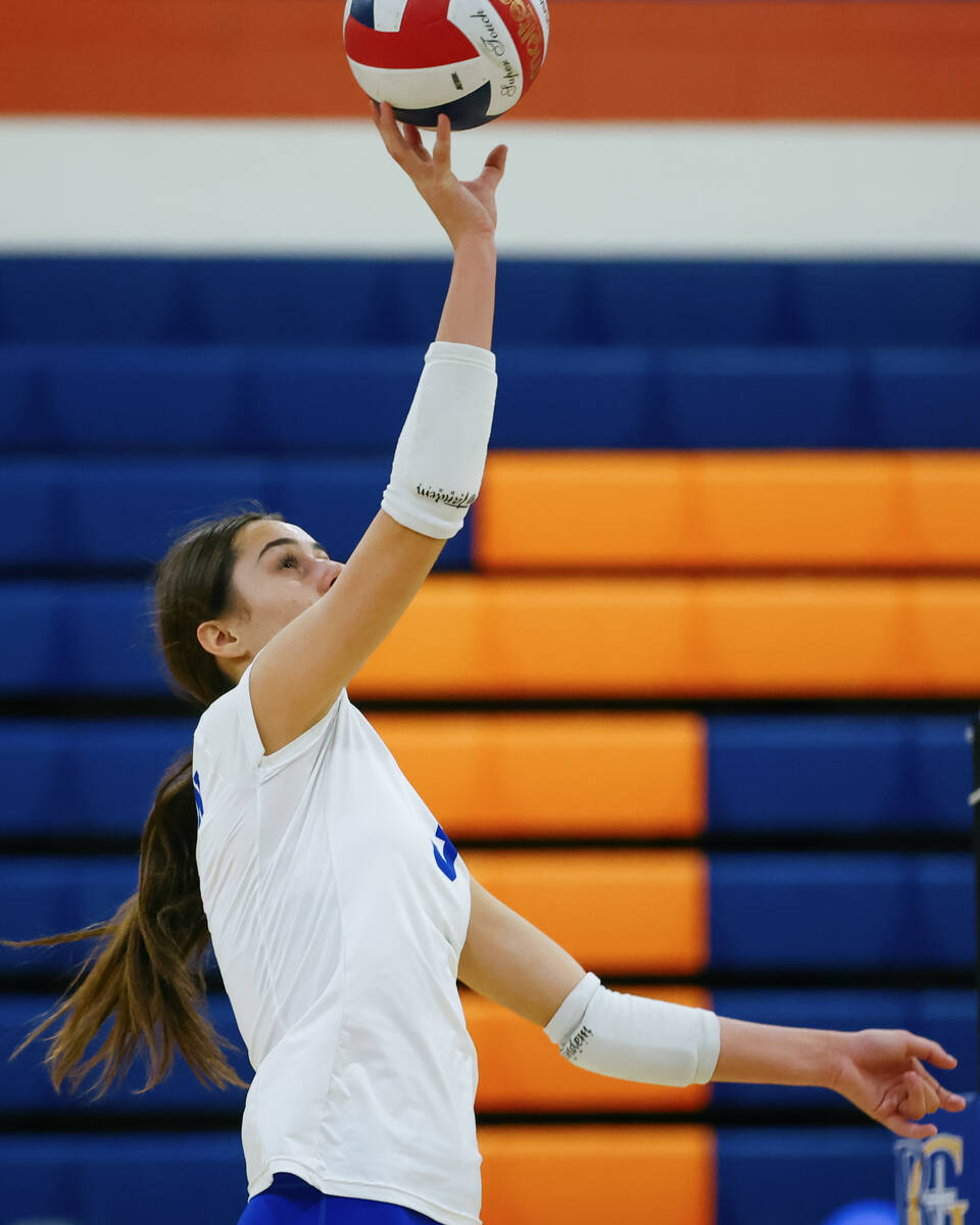 Bishop Gorman outside hitter Boyana Pesic (3) tips the ball against Foothill during a volleybal ...