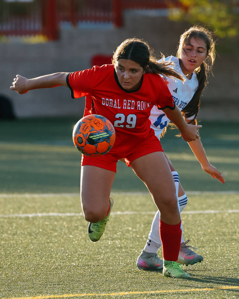 Doral Academy forward Sienna Turco (29) chases after a ball during a soccer game against Sierra ...