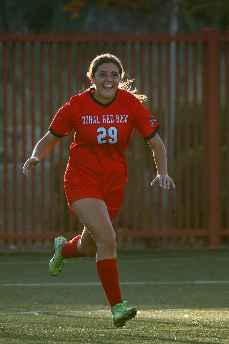Doral Academy forward Sienna Turco (29) celebrates her first goal of the game during a soccer g ...