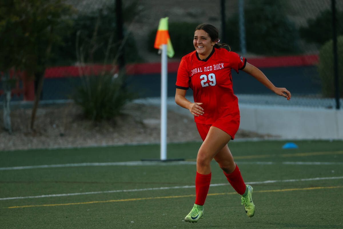 Doral Academy forward Sienna Turco (29) celebrates scoring her second goal of the game during a ...