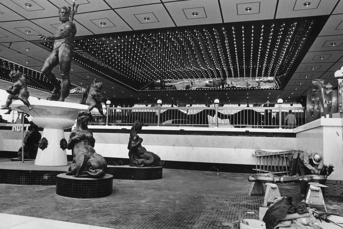 Repairs continue circa 1981 on the fountain in front of the MGM Grand after its fire in Las Veg ...