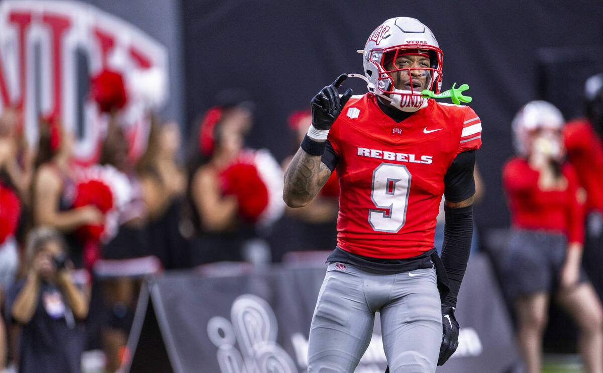 UNLV running back Jai'Den Thomas (9) shows they came up just short of a score against the ...
