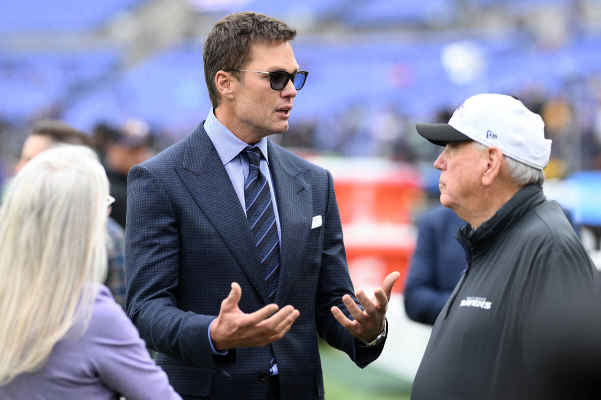Tom Brady, center, before an NFL football game between the Baltimore Ravens and the Los Angeles ...