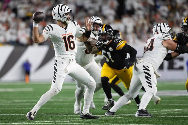 Cincinnati Bengals quarterback Joe Flacco (16) throws under press during an NFL football game a ...