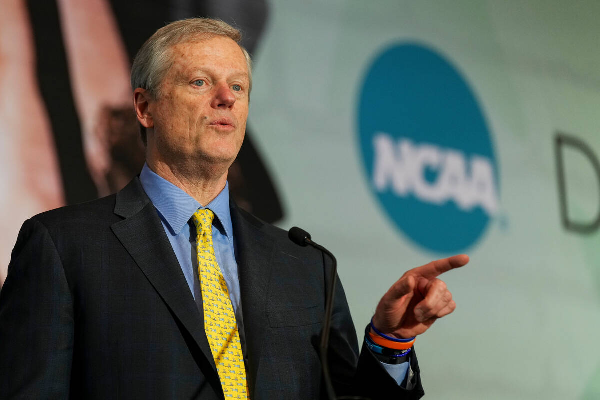 NCAA President Charlie Baker speaks during the Division I Business Session at the annual NCAA c ...