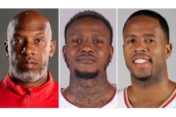 This combo of images shows, from left, Portland Trail Blazers head coach Chauncey Billups, Miam ...