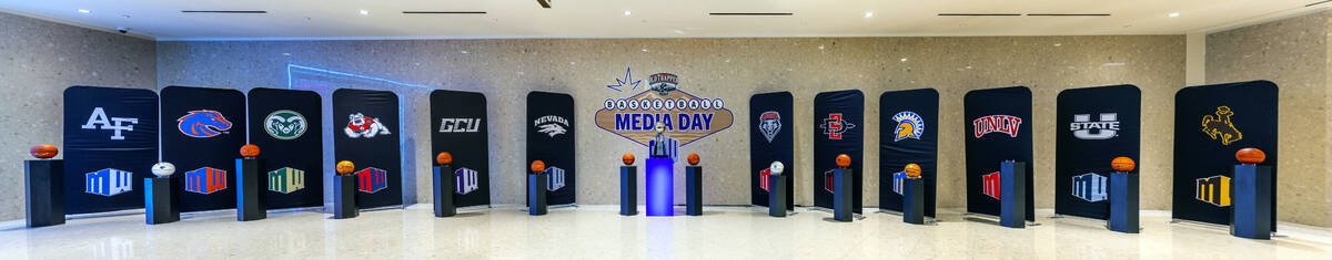 The championship trophy, banners and basketballs on display for the Mountain West basketball me ...
