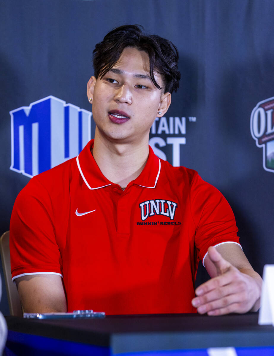 UNLV player Myles Che answers questions during the Mountain West basketball media day at Resort ...