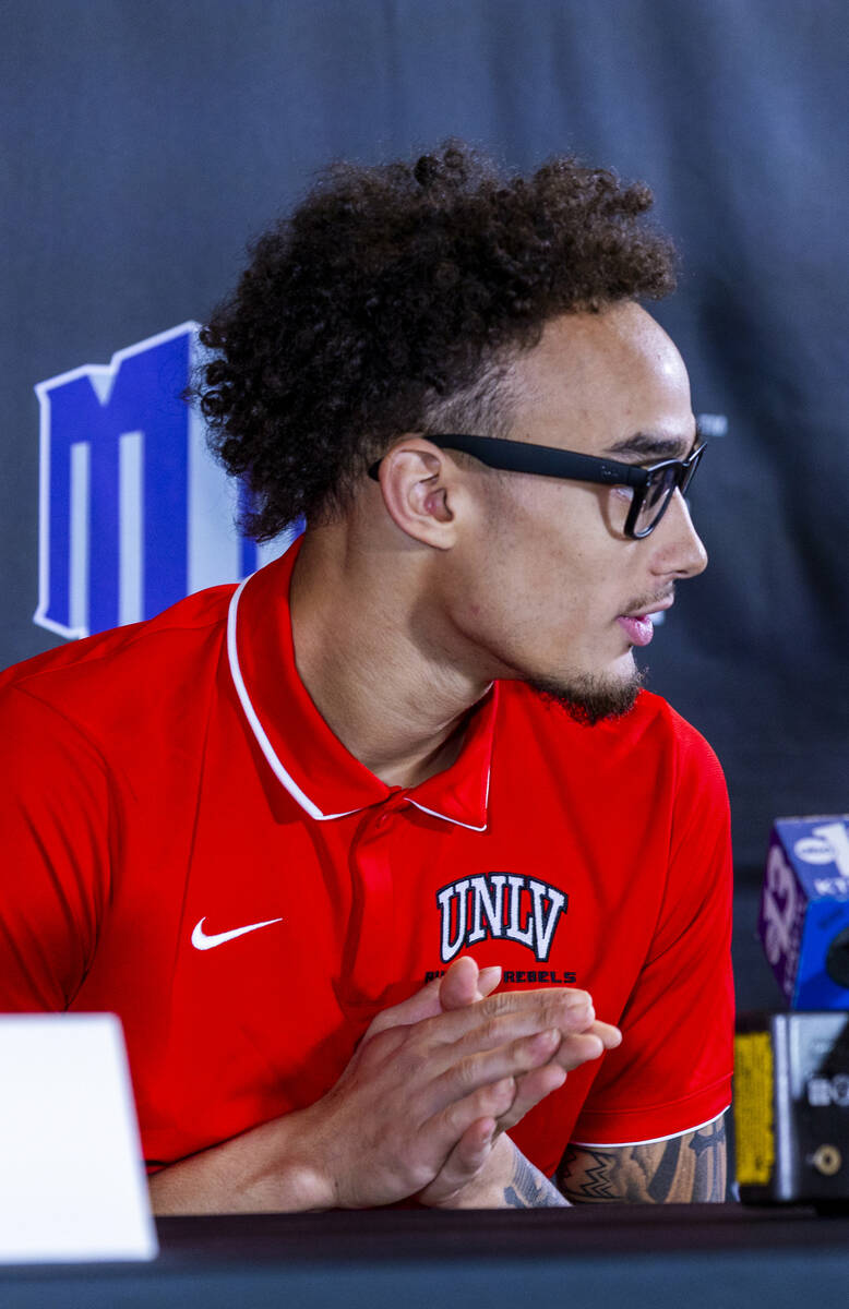 UNLV player Dravyn Gibbs-Lawhorn answers questions during the Mountain West basketball media da ...
