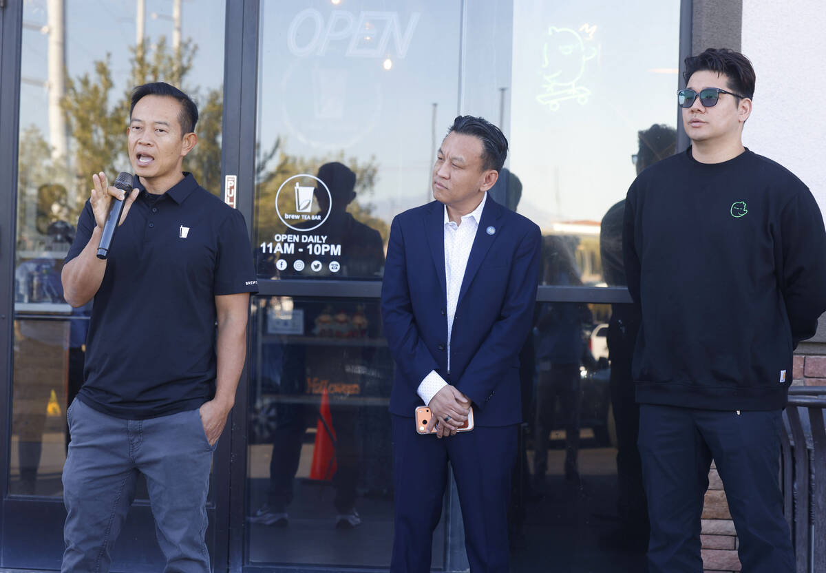 Sou Ngo, owner of Brew Tea Bar, speaks during a press conference to discuss the everyday realit ...