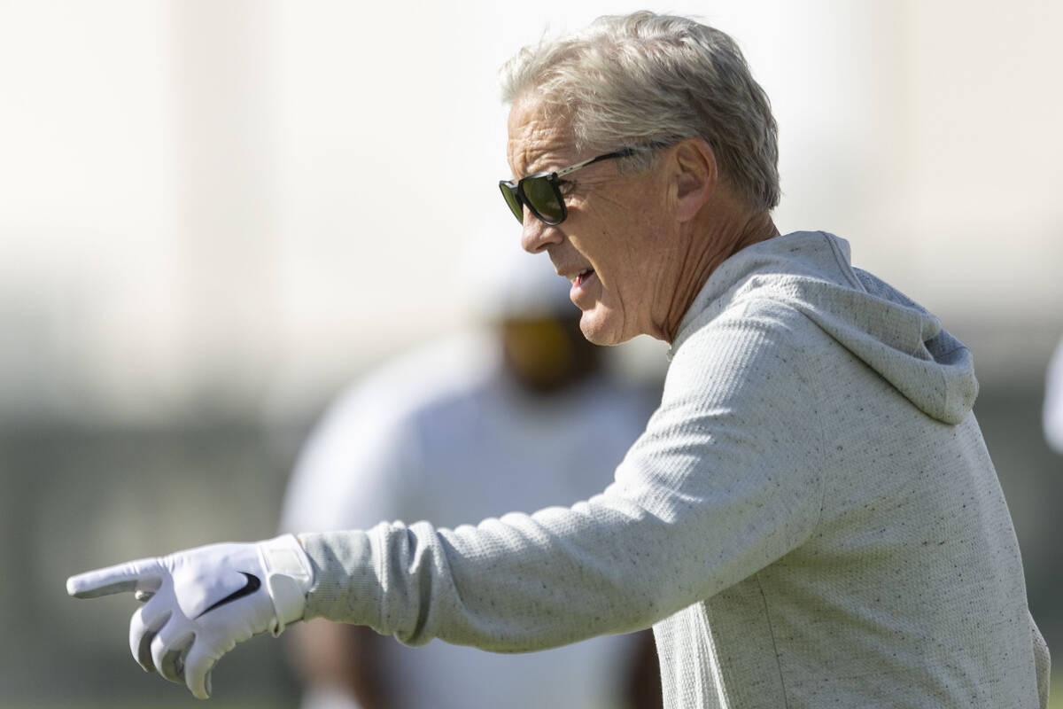 Raiders head coach Pete Carroll gestures during the team’s practice at the Intermountain ...