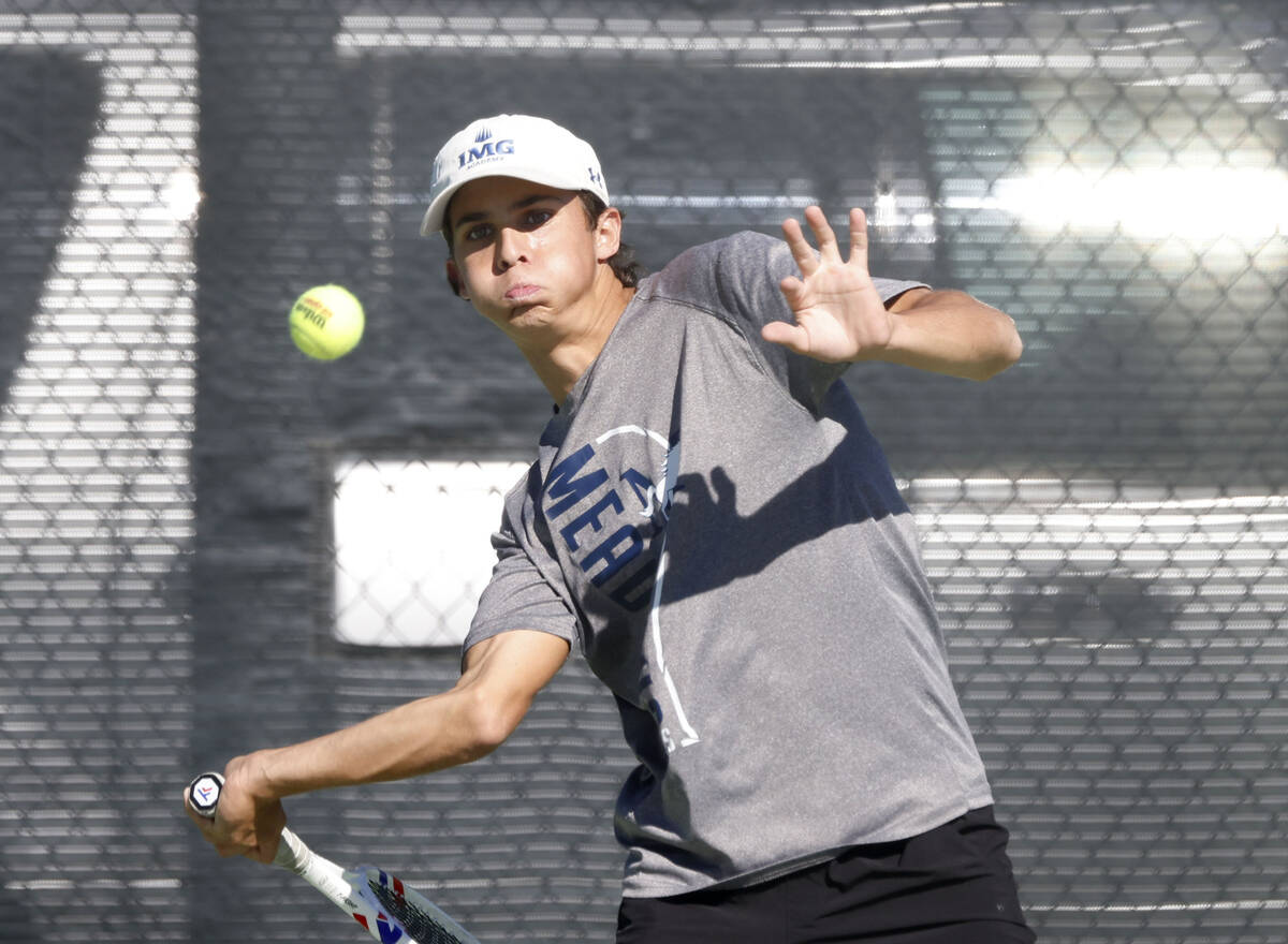 The Meadows Jacob Garber returns the ball during the Class 4A boys tennis team State Championsh ...