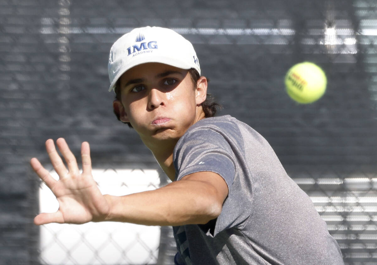 The Meadows Jacob Garber returns the ball during the Class 4A boys tennis team State Championsh ...