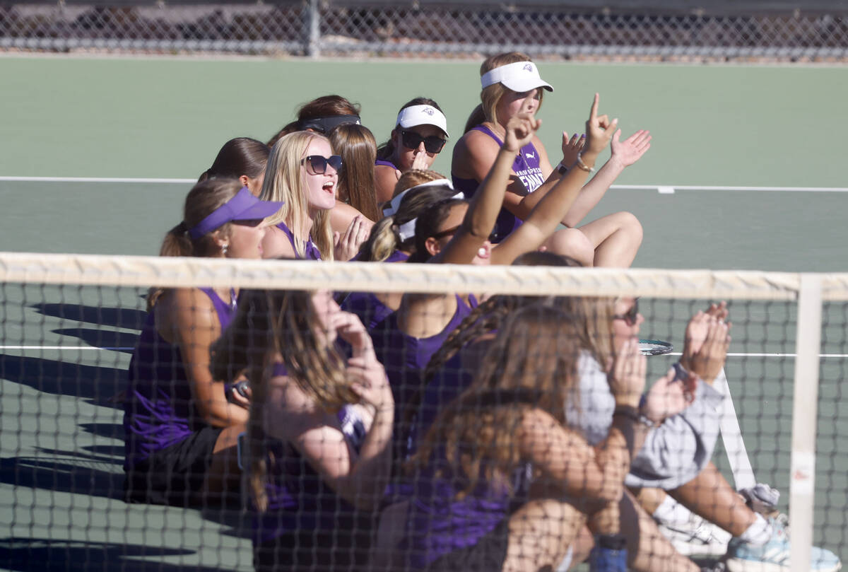 Spanish Springs players cheer for their teammates during the Class 4A girls tennis team State C ...