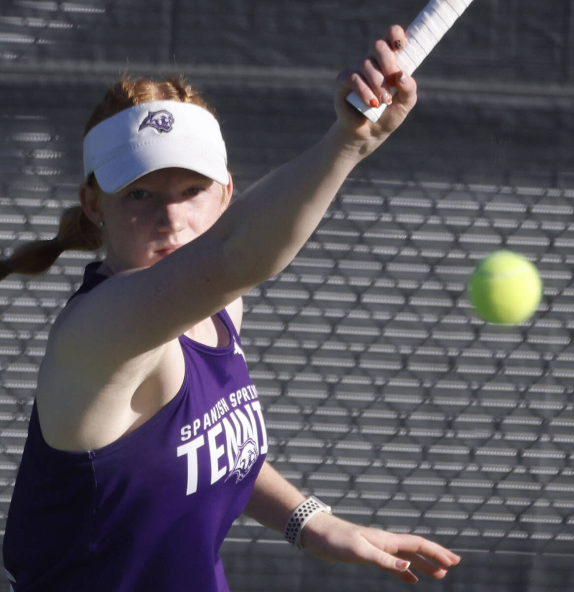 Spanish Springs Addison Bowers returns the ball against The Meadows during the Class 4A girls t ...