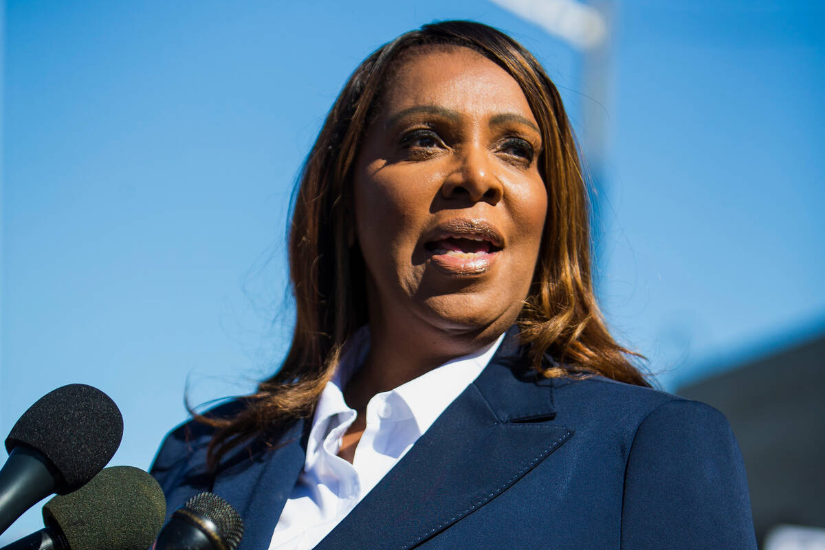 New York Attorney General, Letitia James, speaks after pleading not guilty outside the United S ...