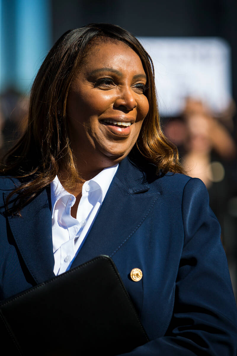 New York Attorney General, Letitia James, speaks after pleading not guilty outside the United S ...
