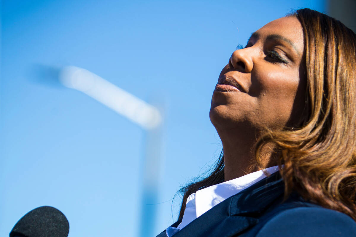 New York Attorney General, Letitia James, speaks after pleading not guilty outside the United S ...
