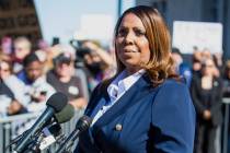 New York Attorney General, Letitia James, speaks after pleading not guilty outside the United S ...