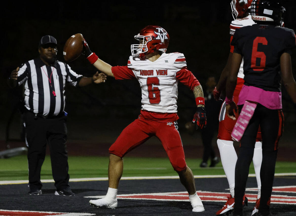 Arbor View's wide receiver Jayden Williams (6) celebrates his touchdown during the first h ...