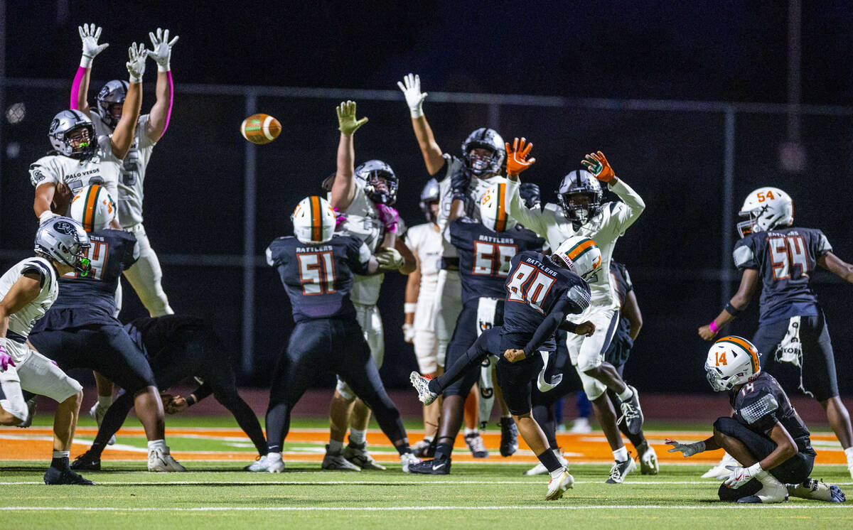 Mojave's Stephen Letcher (80) kicks an extra point against Palo Verde during the first hal ...