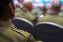 U.S. military senior leadership listen as President Donald Trump speaks at Marine Corps Base Qu ...