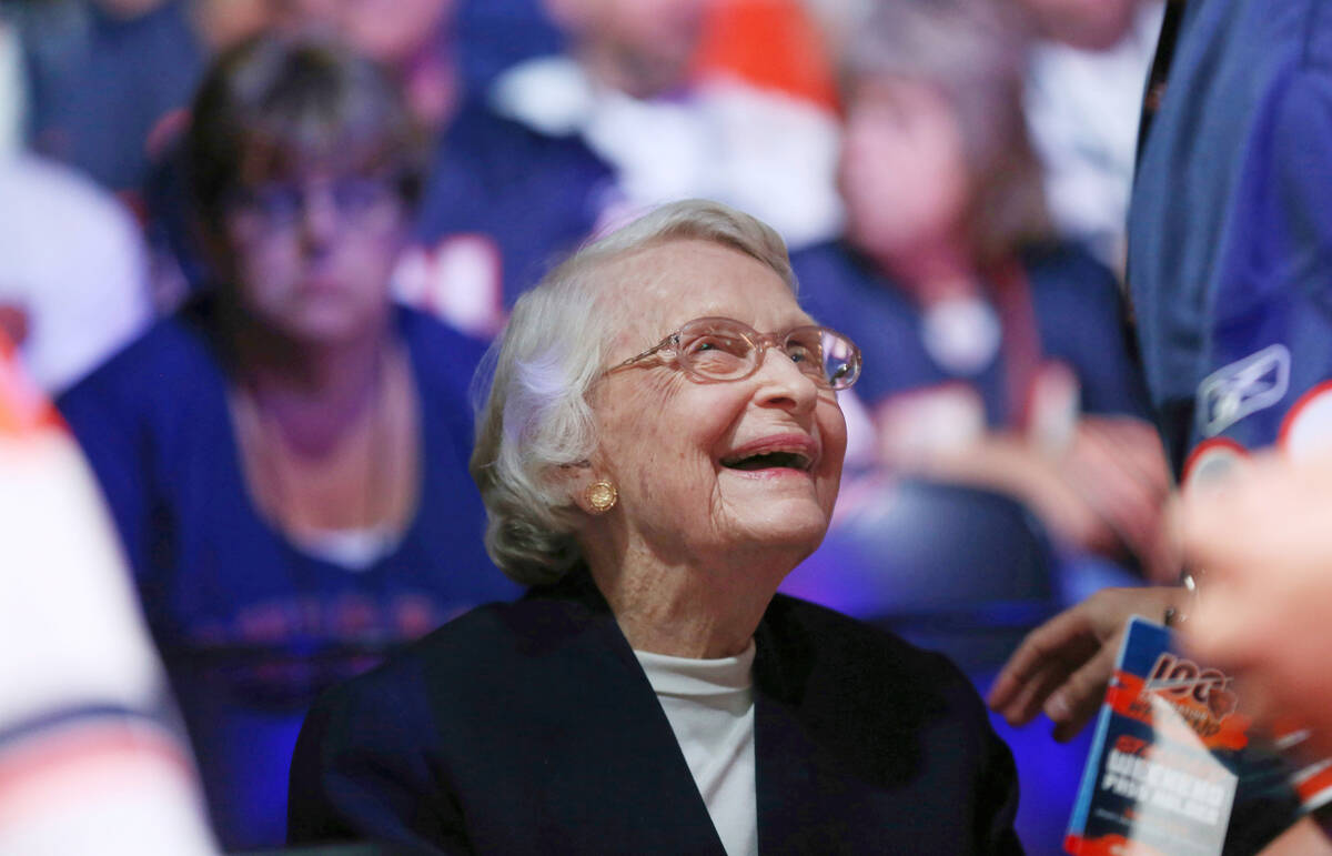 FILE - Chicago Bears owner Virginia McCaskey smiles while talking with a fan during the Bears10 ...