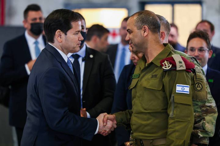 US Secretary of State Marco Rubio speaks with Israeli Brigadier General Yaakov Dolf as he visit ...