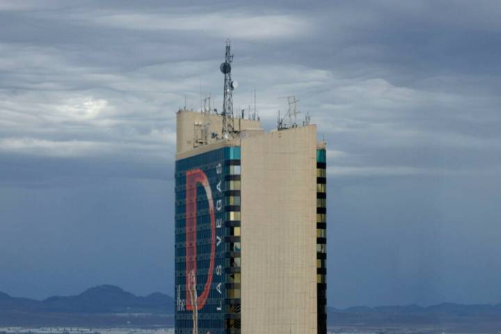 The D is seen as cloudy skies linger over the Las Vegas Valley, on Thursday, Oct. 9, 2025, in L ...